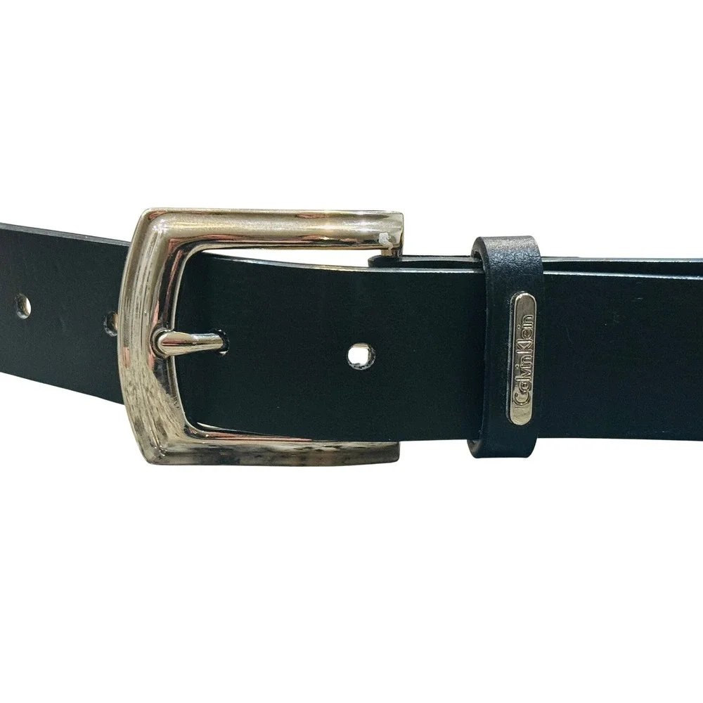Calvin Klein Men's Black Synthetic Leather Belt Silver Buckle‎ Style Size L